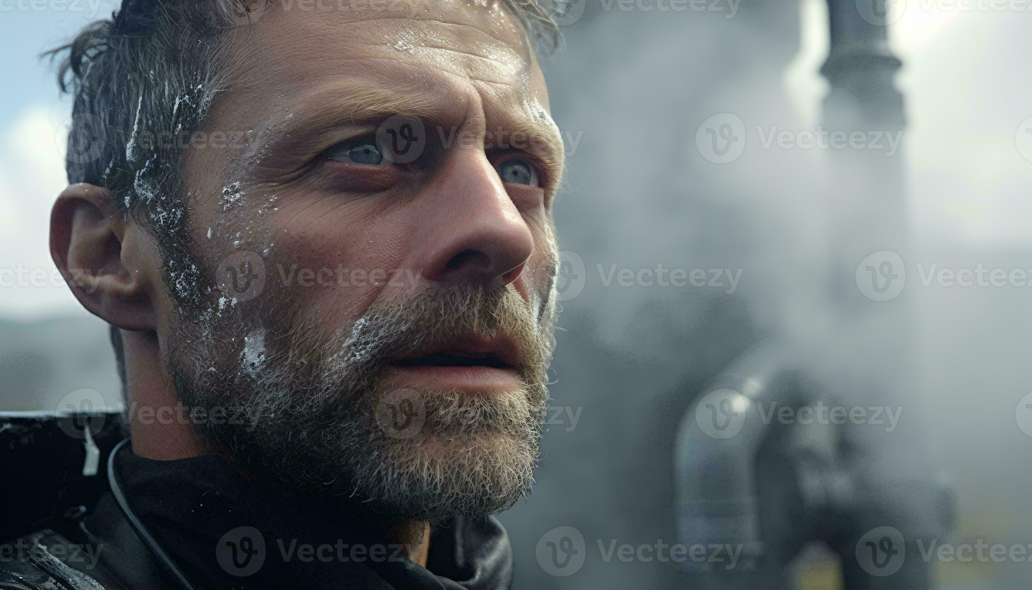 A man standing in front of a factory with steam coming out of it AI