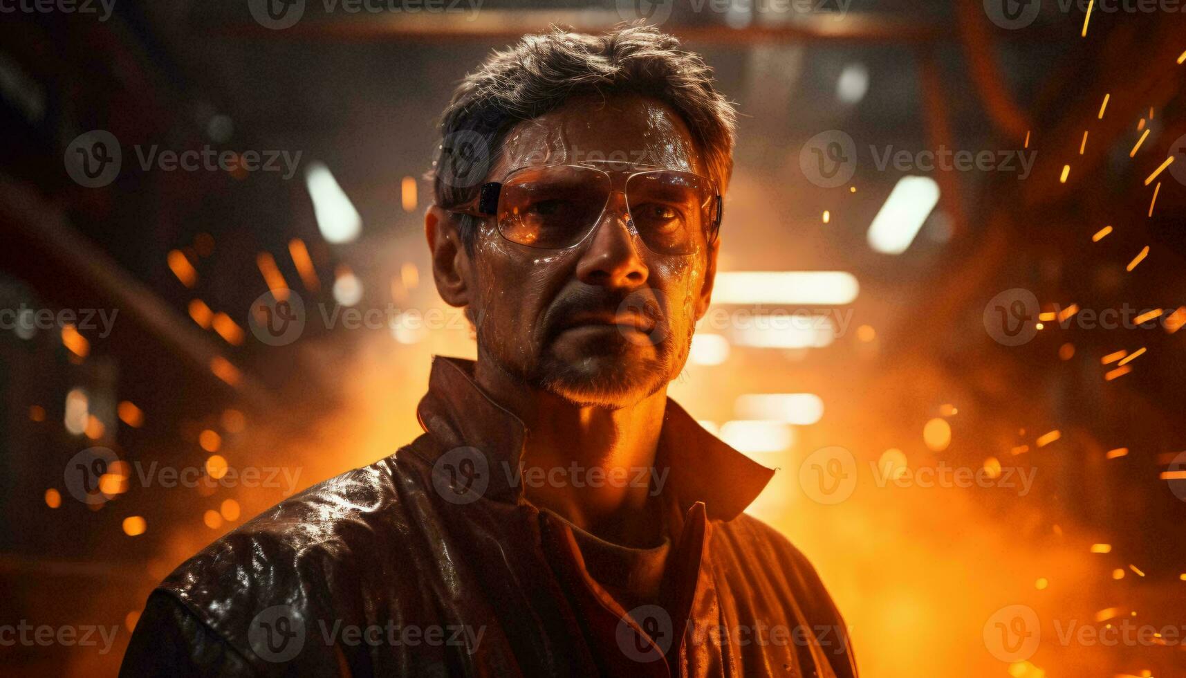 A man in a leather jacket standing in a factory AI Generated photo