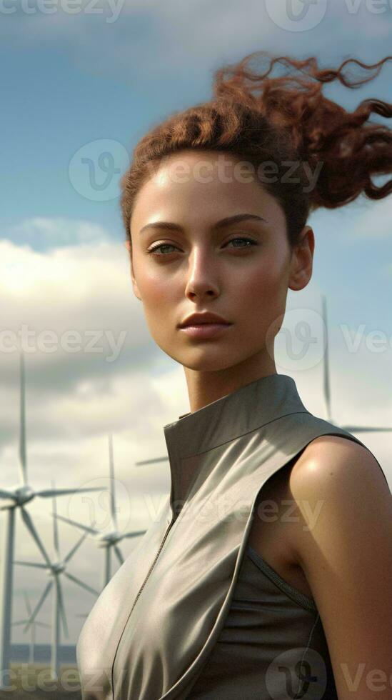 A woman posing with a wind turbine in the background AI Generated photo