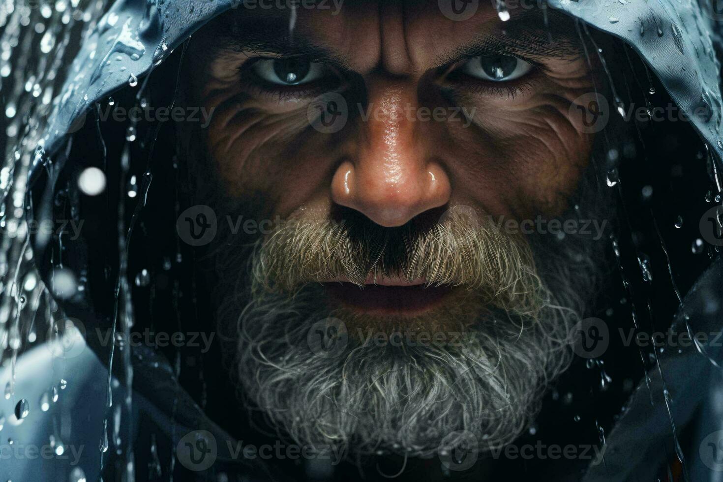 A bearded man in a hood braving the rain AI Generated photo