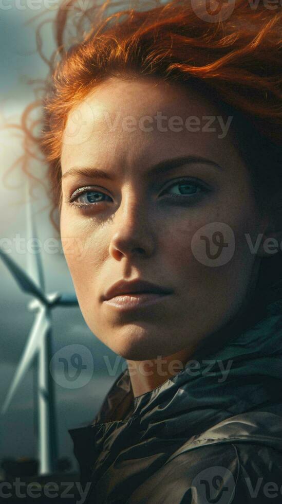 A woman with red hair against a backdrop of windmills AI Generated photo