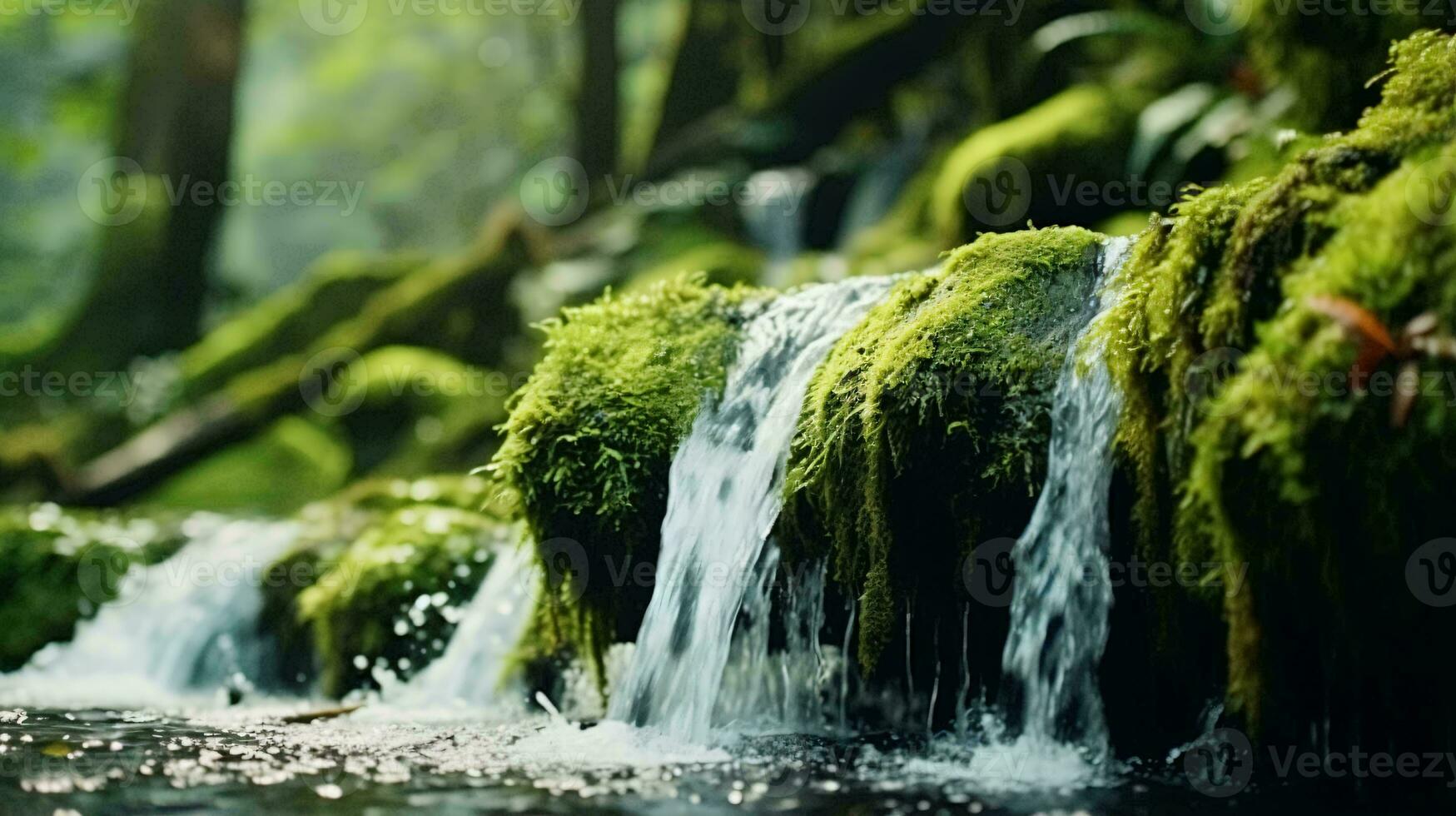 A serene forest stream flowing through vibrant green foliage AI Generated photo