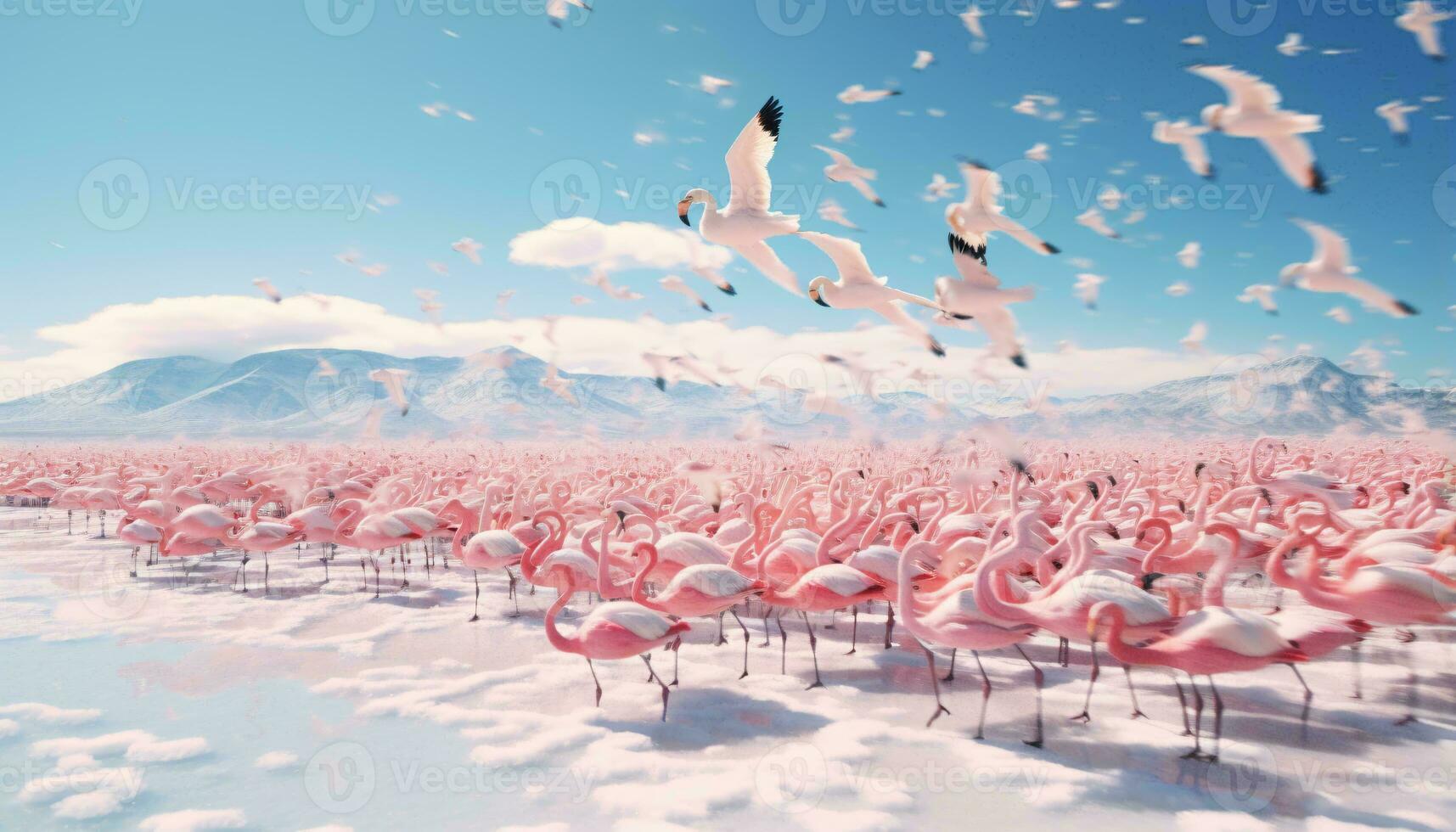 Flamingos flying over a snow covered field AI Generated photo