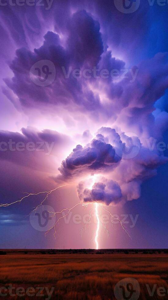 A dramatic lightning bolt striking a large cloud in the sky AI Generated photo