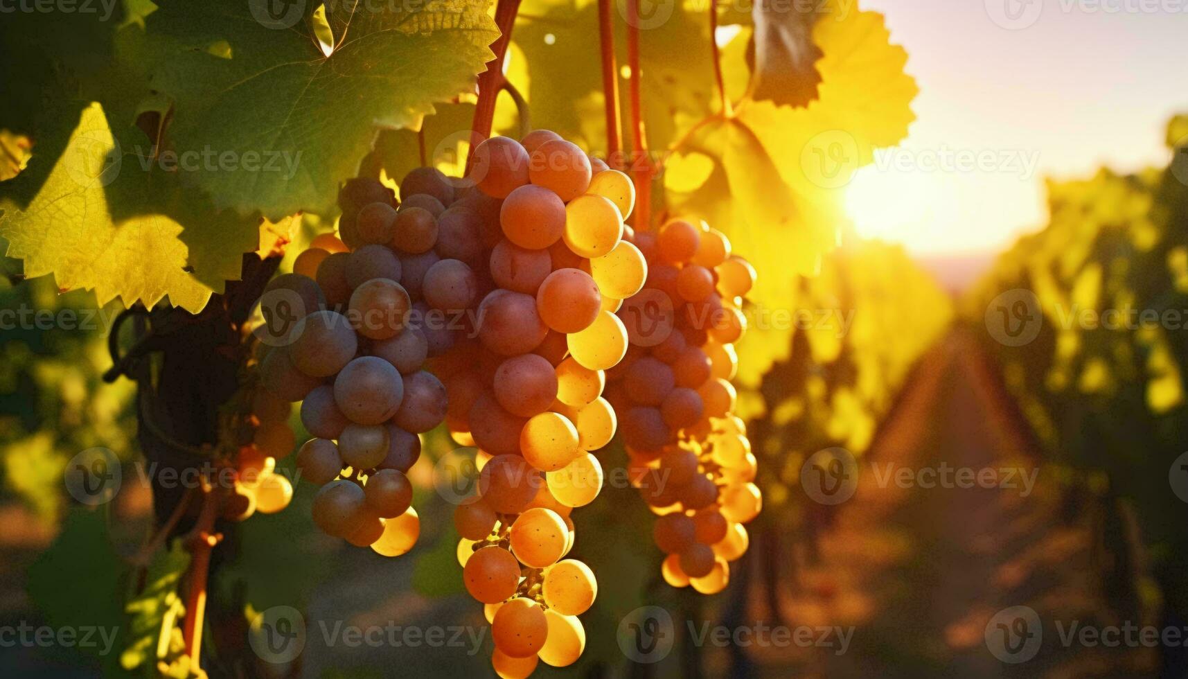 A cluster of ripe grapes hanging from a vine AI Generated photo