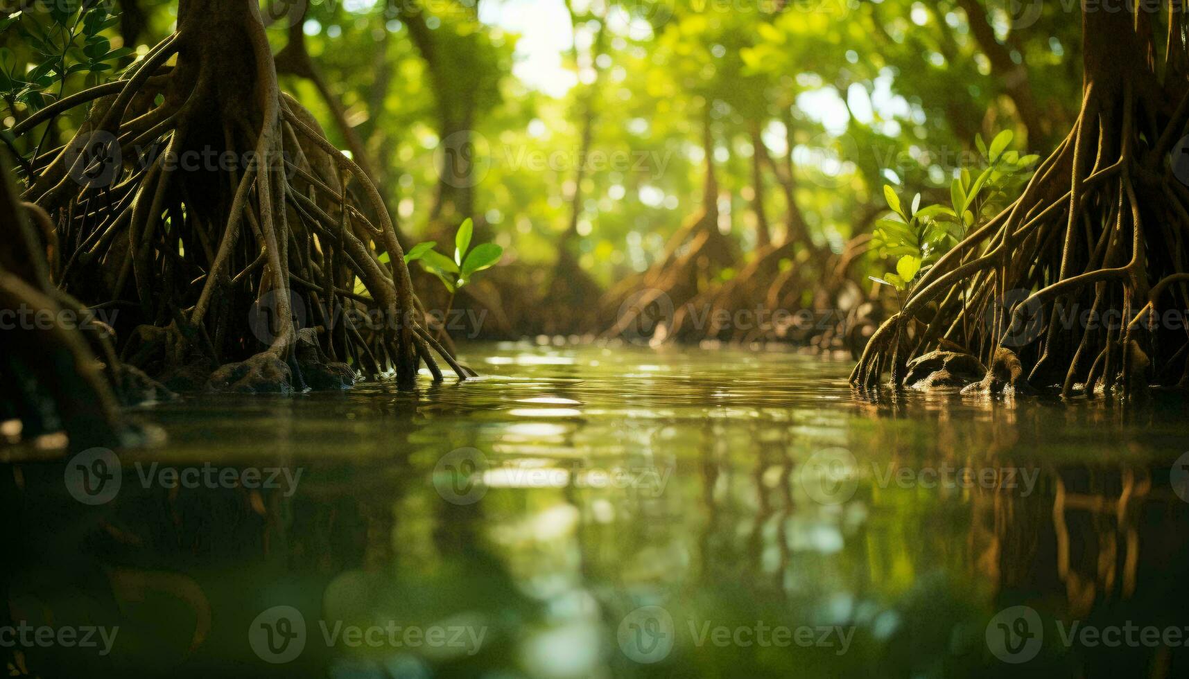 A serene lake surrounded by a dense forest AI Generated photo