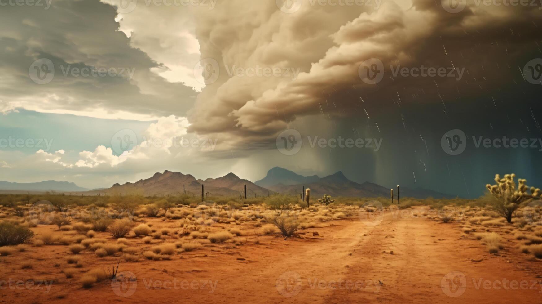 A desolate dirt road stretching through a vast desert landscape AI Generated photo