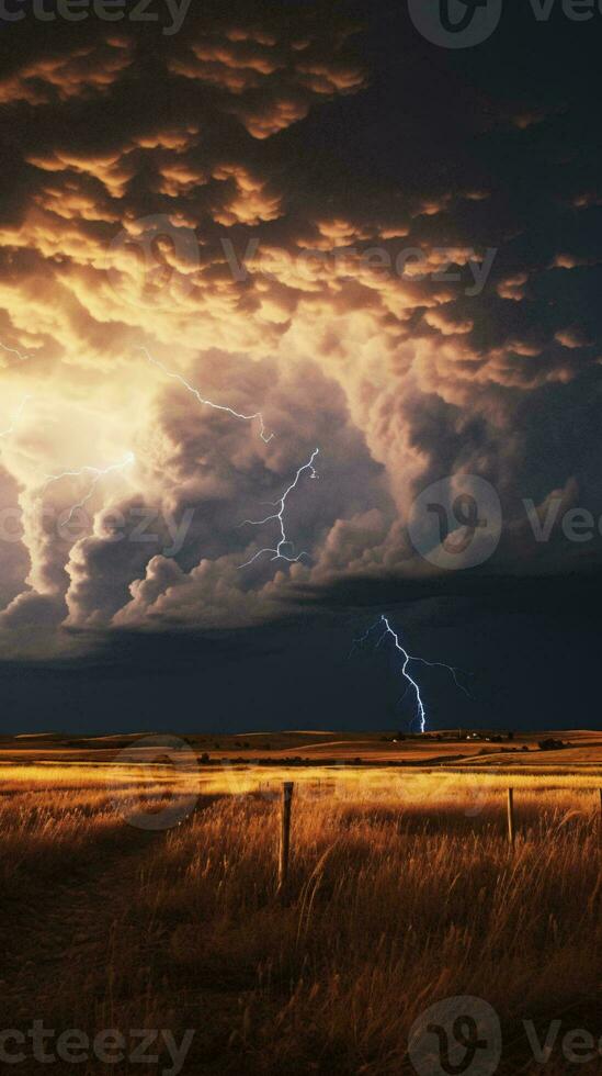 A dramatic lightning storm illuminating a field with a fence in the foreground AI Generated photo