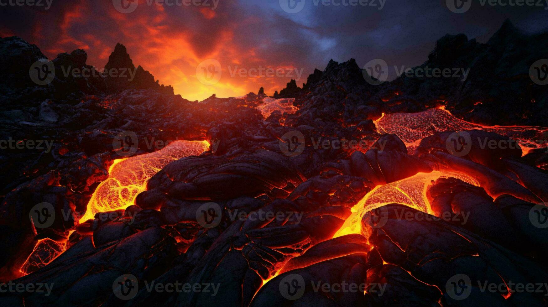 A volcanic eruption with lava flowing under a dramatic cloudy sky AI Generated photo