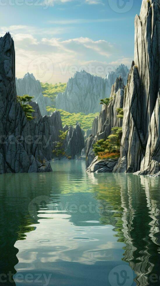 un sereno montaña lago enmarcado por rocoso acantilados ai generado foto
