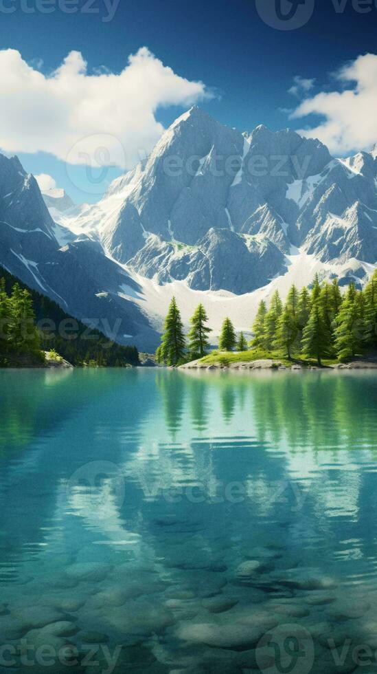 A serene mountain lake surrounded by majestic pine trees AI Generated photo