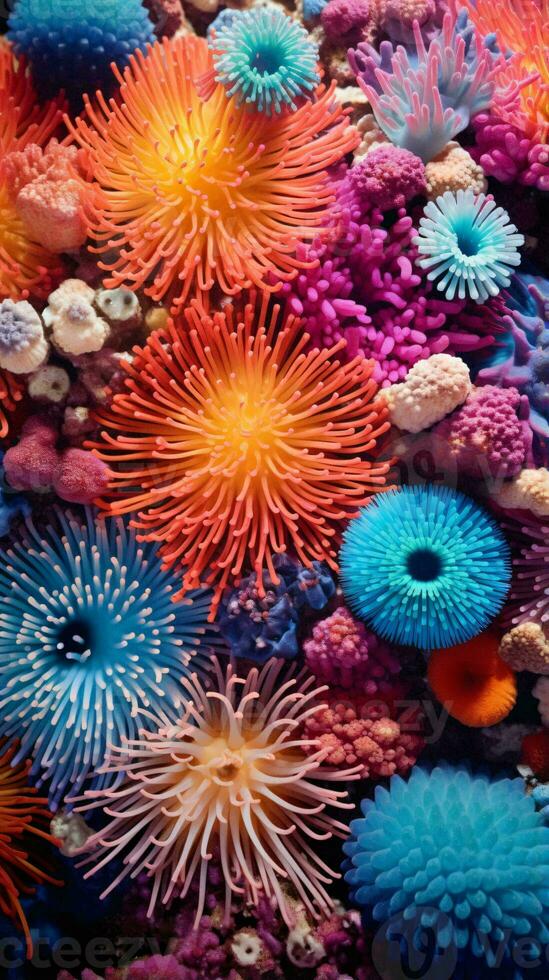 un racimo de mar erizos arriba cerca, exhibiendo su único puntiagudo textura y vibrante colores ai generado foto