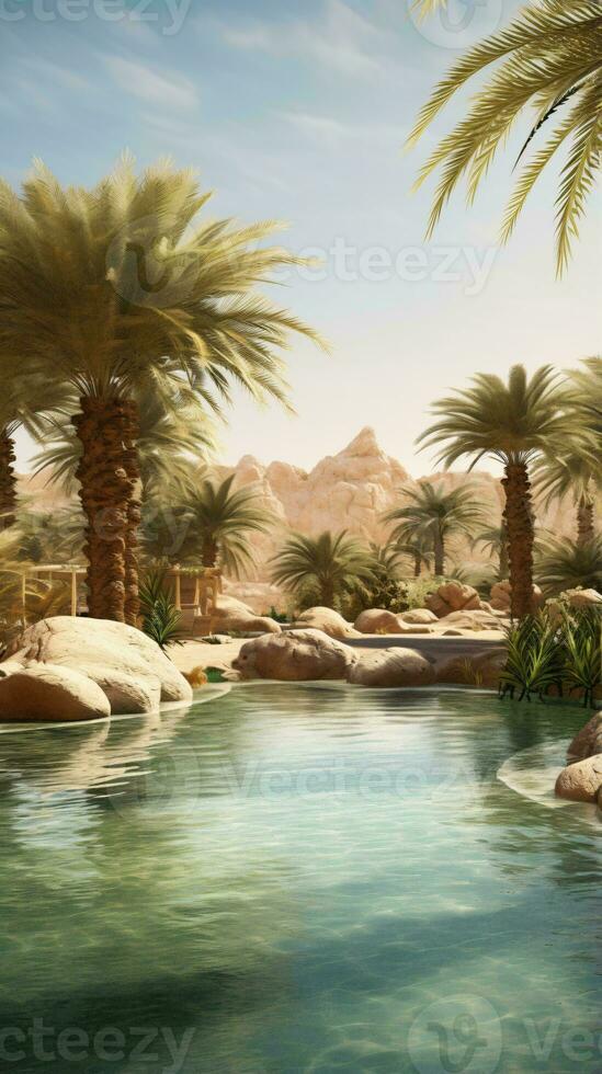 A serene pool scene with lush palm trees AI Generated photo