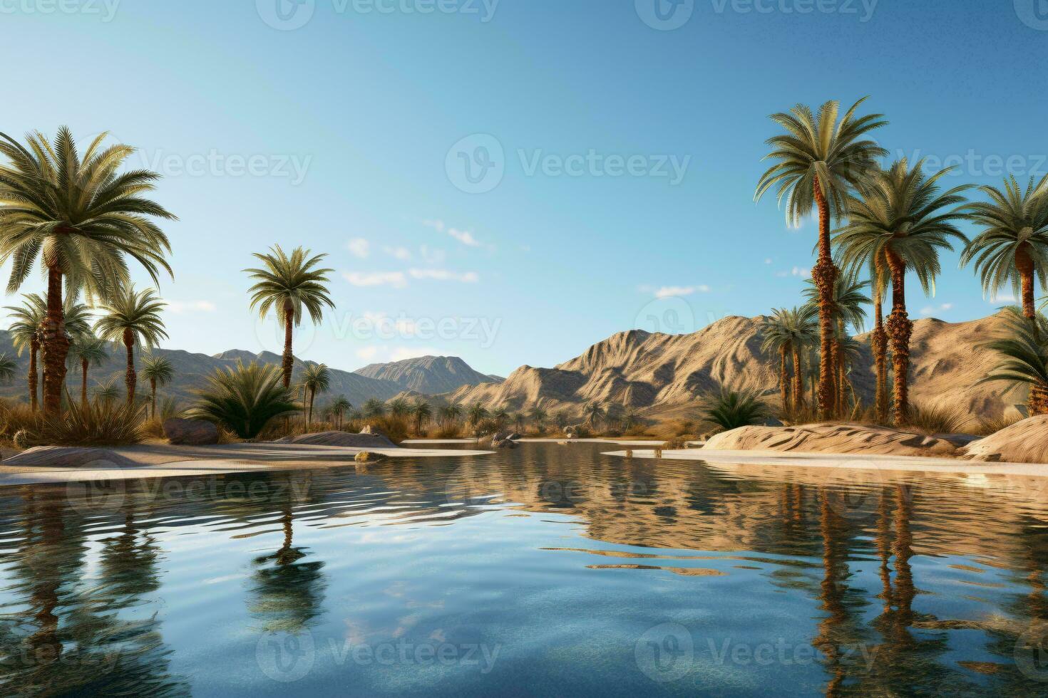 Palm trees reflecting in a pool of water AI Generated photo