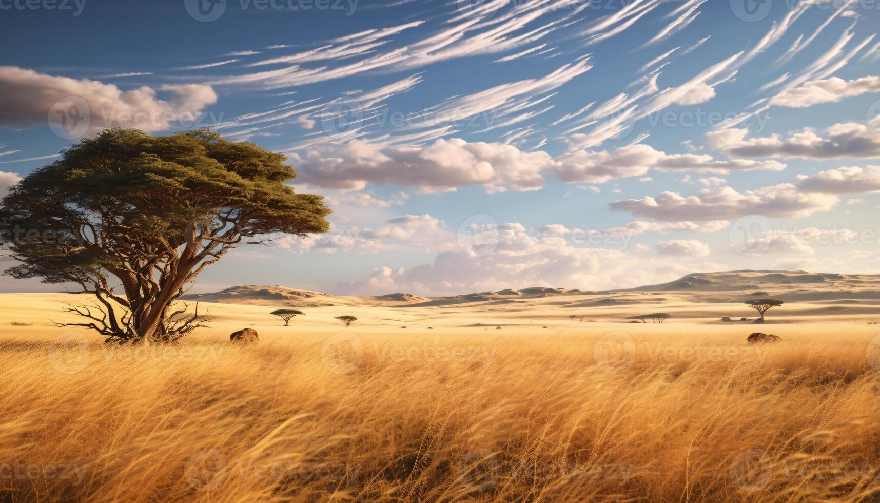 A solitary tree standing tall in a picturesque field AI Generated photo
