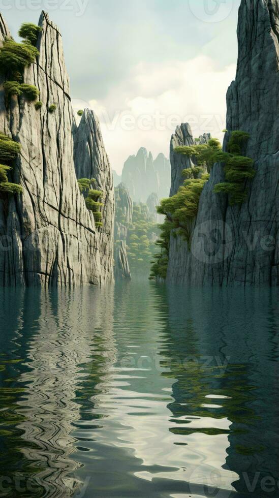 A serene mountain lake nestled among majestic rocks AI Generated photo