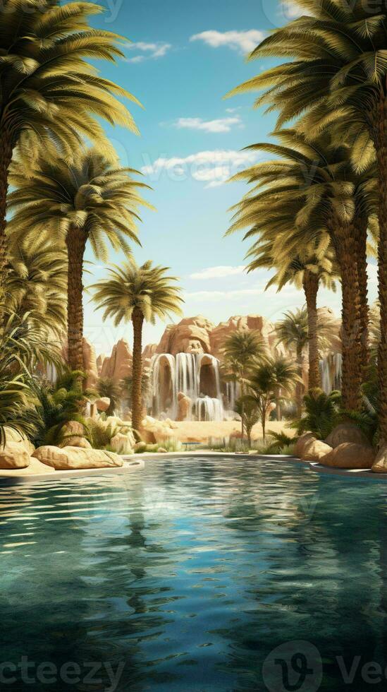 Palm trees and a waterfall painting AI Generated photo