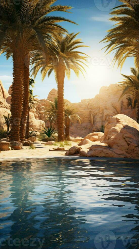 A serene pool oasis with lush palm trees and natural rock formations AI Generated photo