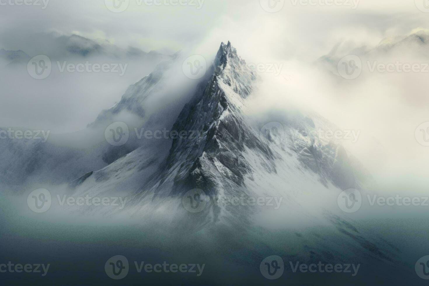 A majestic mountain enveloped in mist and clouds AI Generated photo