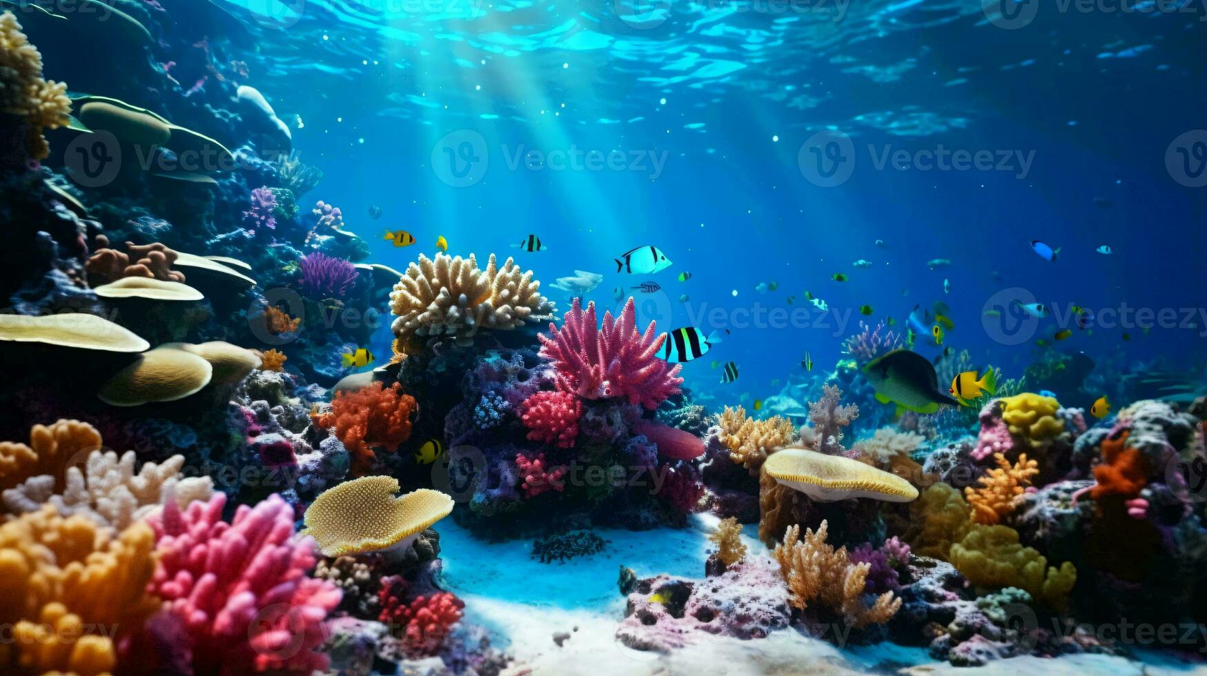 A vibrant underwater ecosystem with colorful corals and tropical fish AI Generated photo