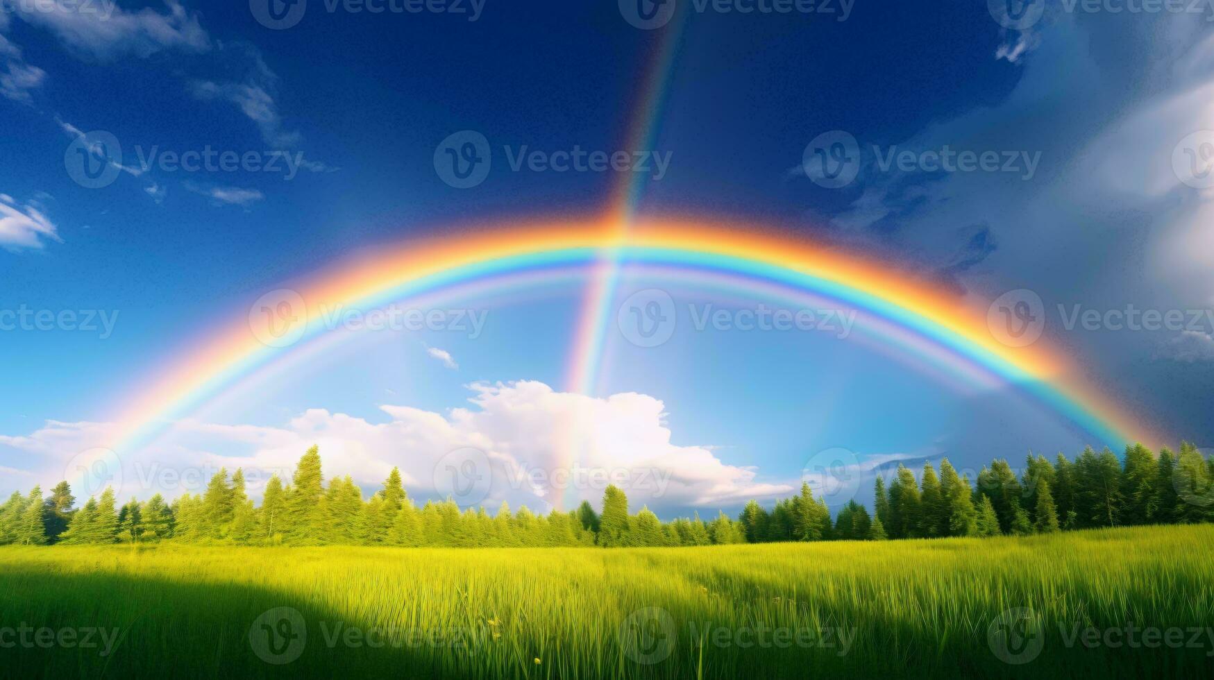 A vibrant rainbow stretching across a lush green field AI Generated photo