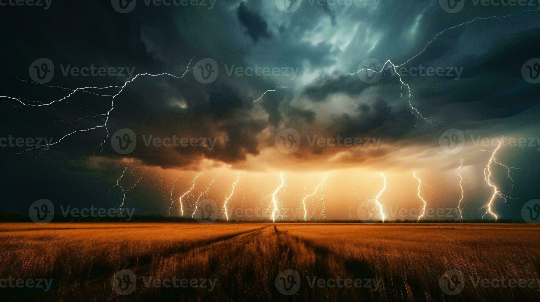 A dramatic sky filled with lightning in a wide open field AI Generated photo