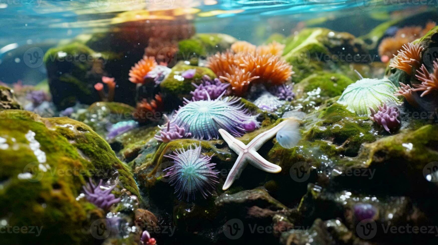 Starfish and sea urchins in an aquarium AI Generated photo