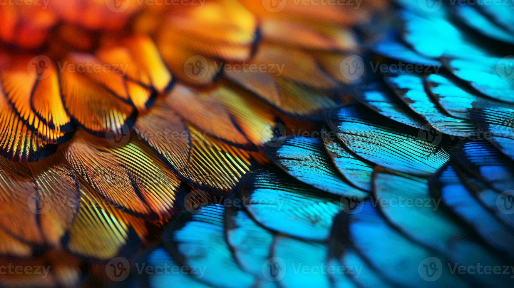 A vibrant and intricate pattern of feathers on a colorful bird AI Generated photo