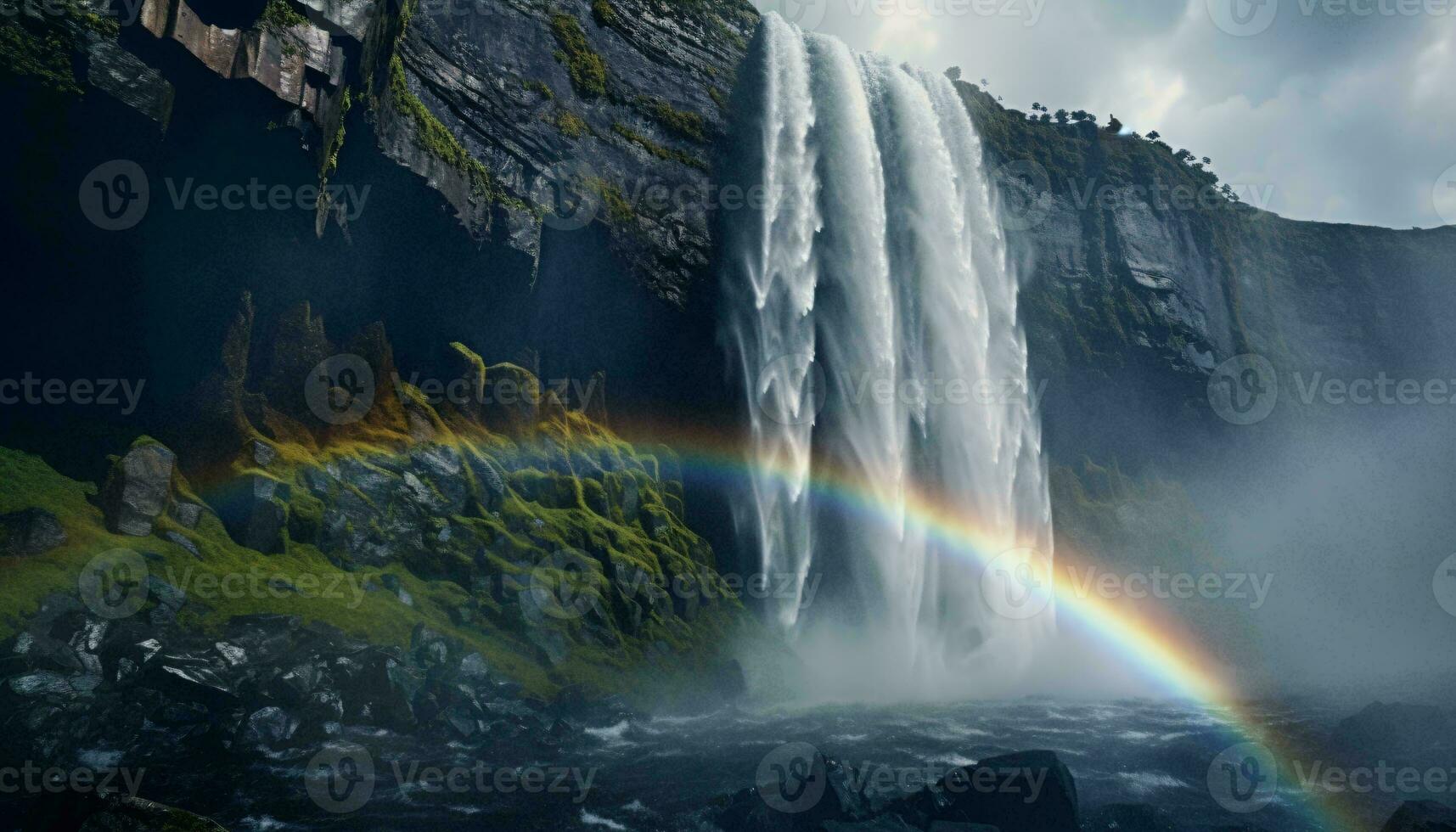 A majestic waterfall with a vibrant rainbow in its midst AI Generated photo