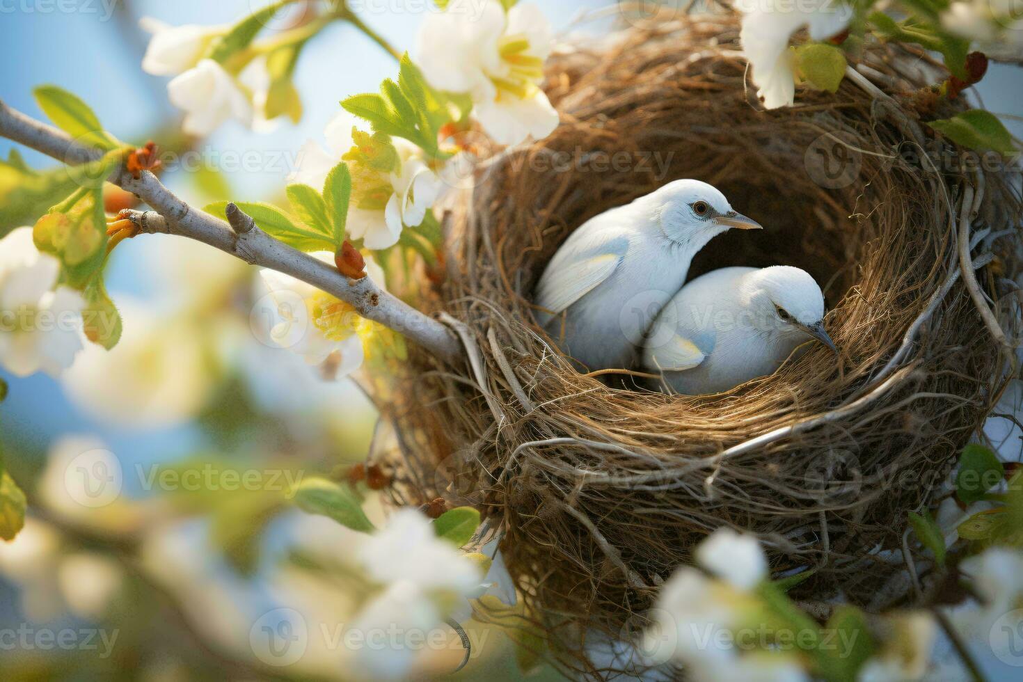 Two white birds nesting in a tree AI Generated photo