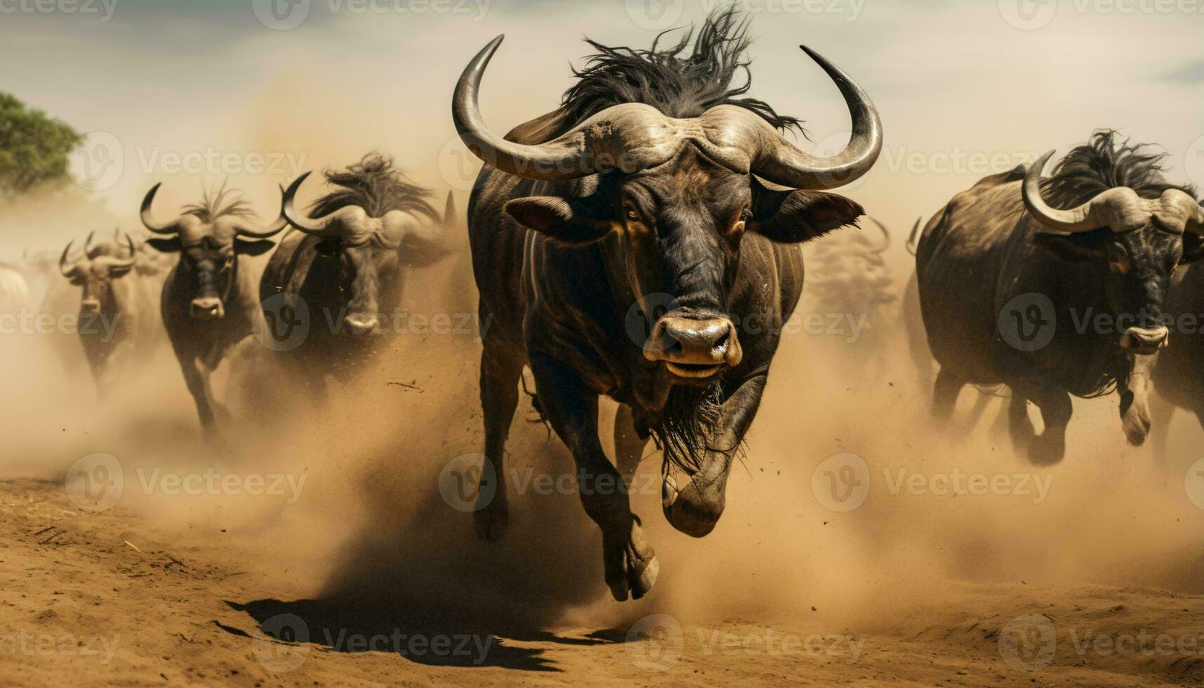 A group of cattle running across a dusty field AI Generated photo