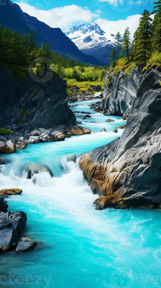 A serene river flowing through a vibrant green forest AI Generated photo