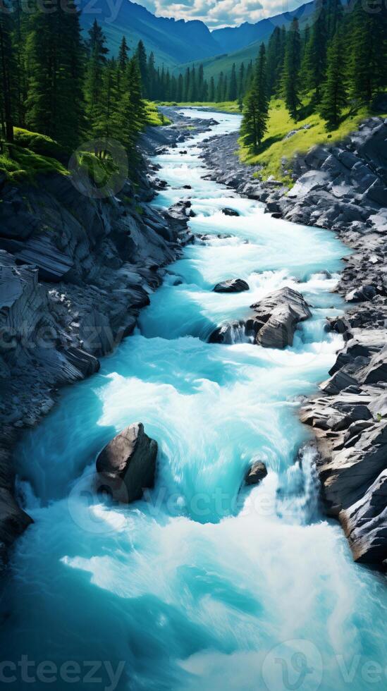 A serene river flowing through a vibrant green forest AI Generated photo