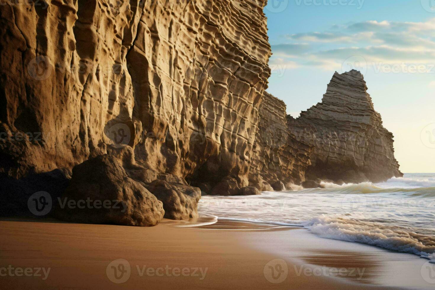 un pintoresco playa con un maravilloso rocoso acantilado fondo ai generado foto