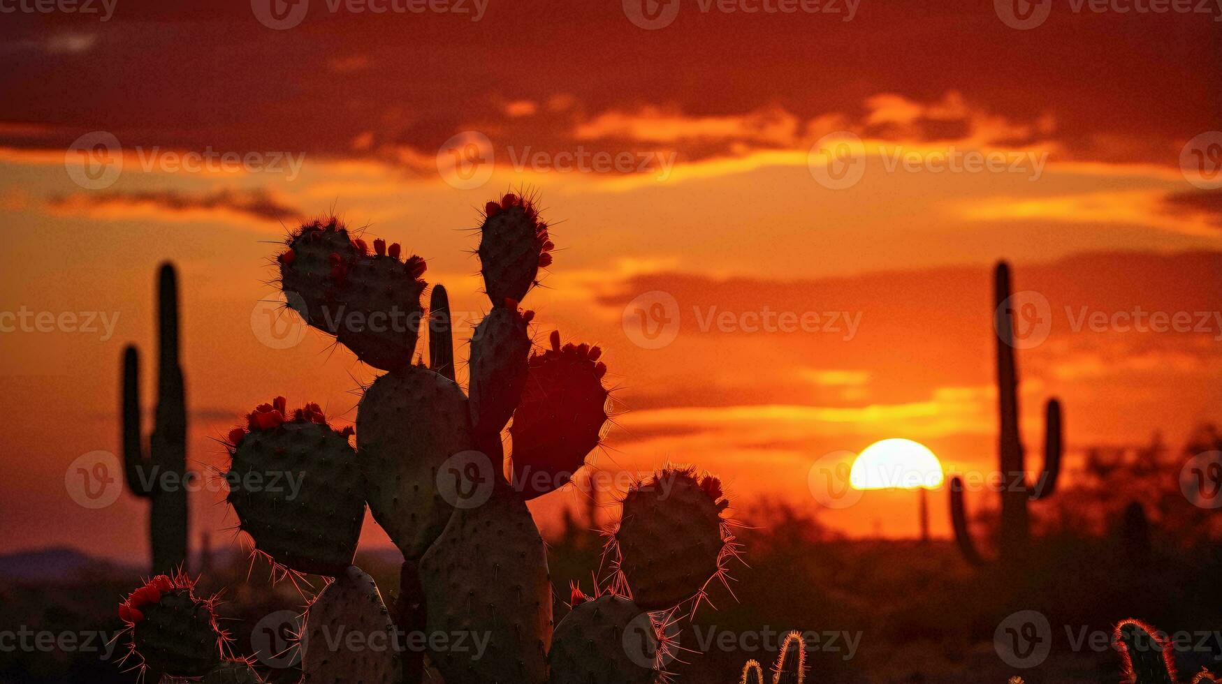 A colorful sunset behind a majestic desert cactus AI Generated photo