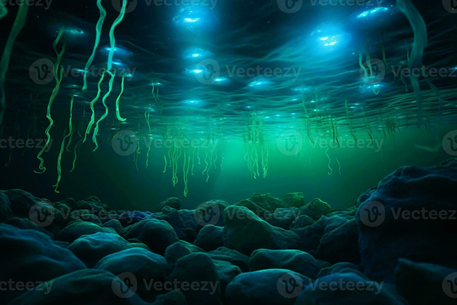 un encantador submarino cueva con fascinante rock formaciones y cristal claro agua ai generado foto