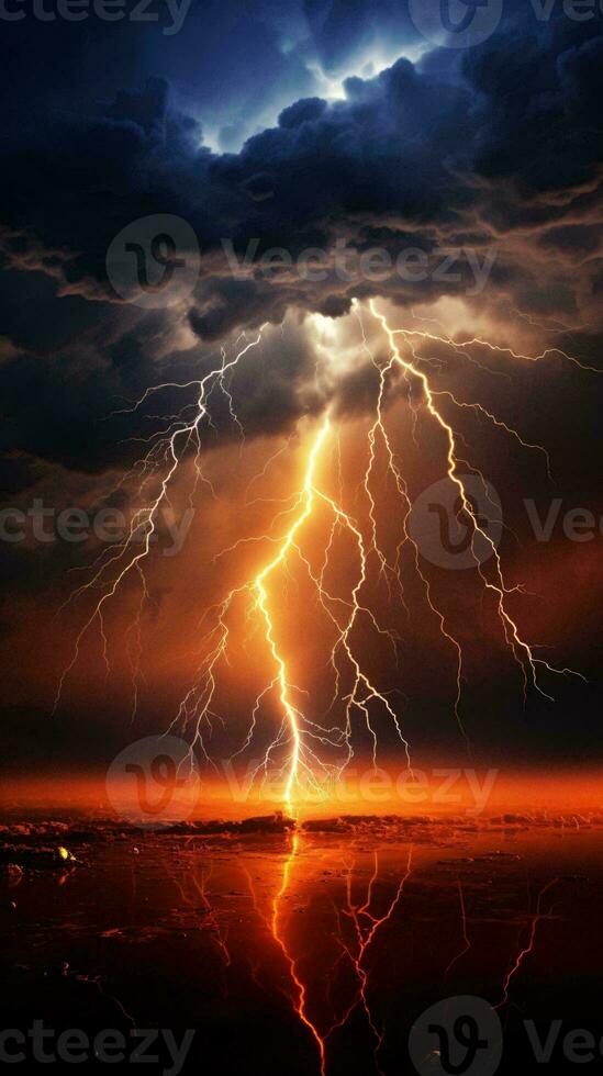 A dramatic lightning bolt striking through a cloudy sky AI Generated photo