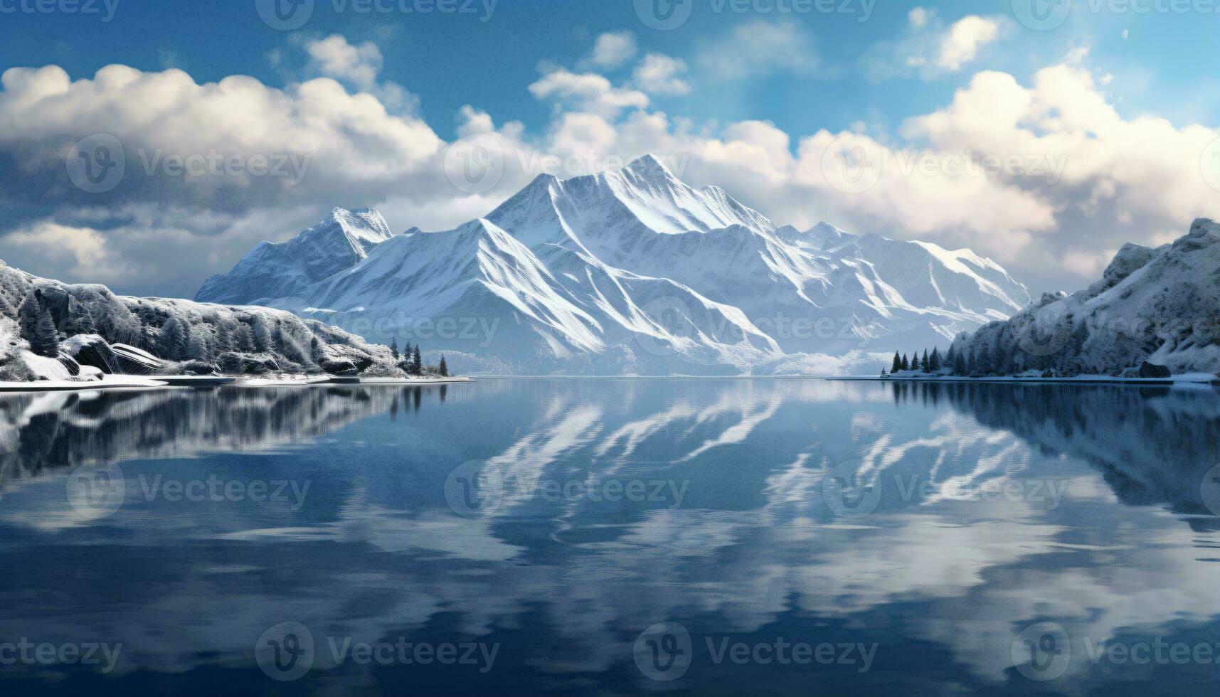 Snow covered mountains reflected in water AI Generated photo