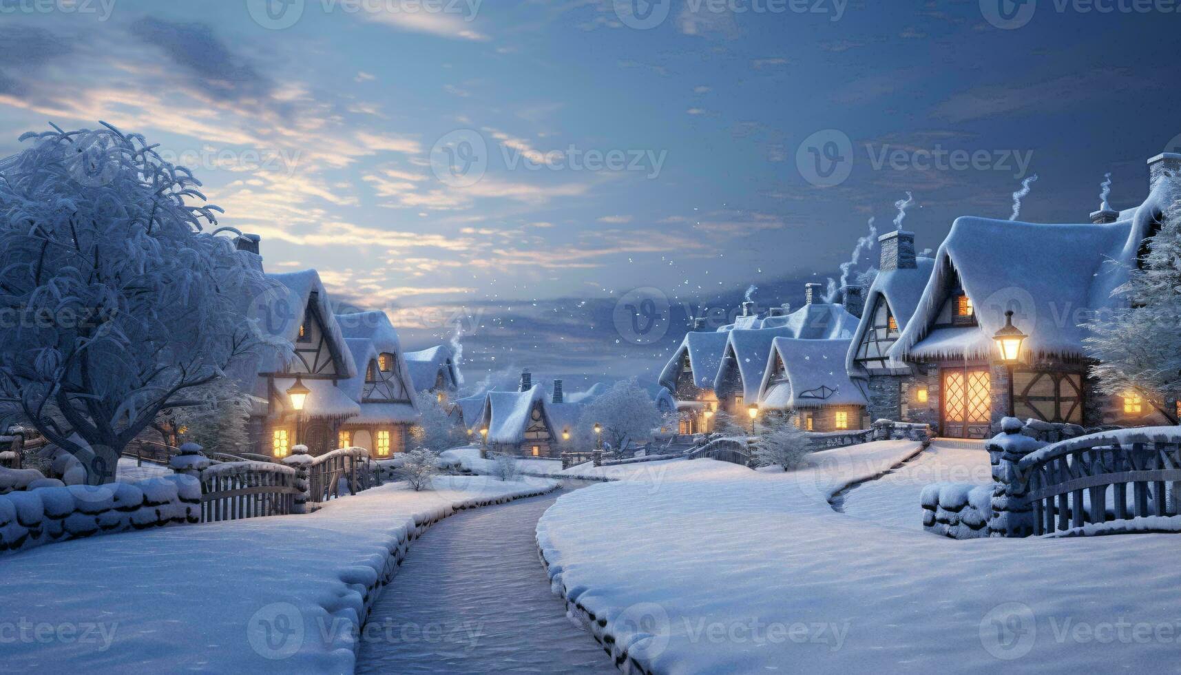 A picturesque snow-covered village with a charming path leading towards it AI Generated photo