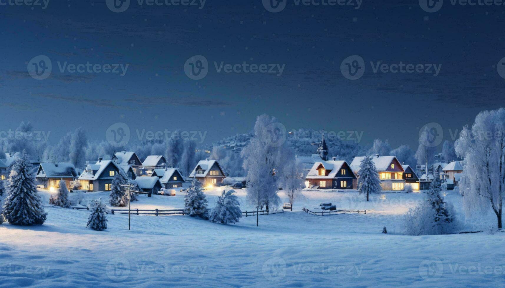 A winter wonderland with snowy houses and trees AI Generated photo