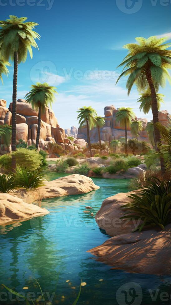 A serene river landscape with palm trees AI Generated photo