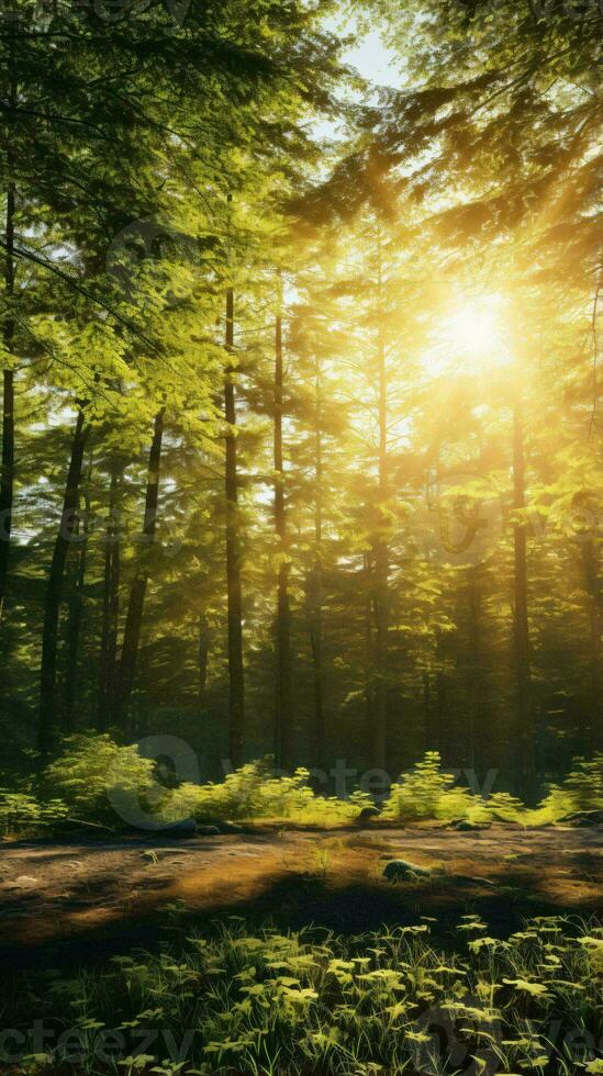 Sunlight streaming through trees in a lush forest AI Generated photo