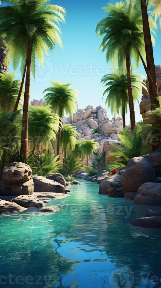 A serene river landscape with lush palm trees AI Generated photo