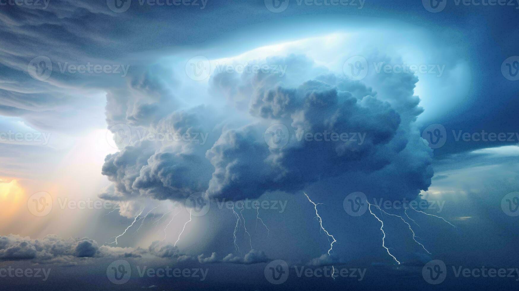 A powerful thunderstorm with lightning illuminating a dark cloud-filled sky AI Generated photo