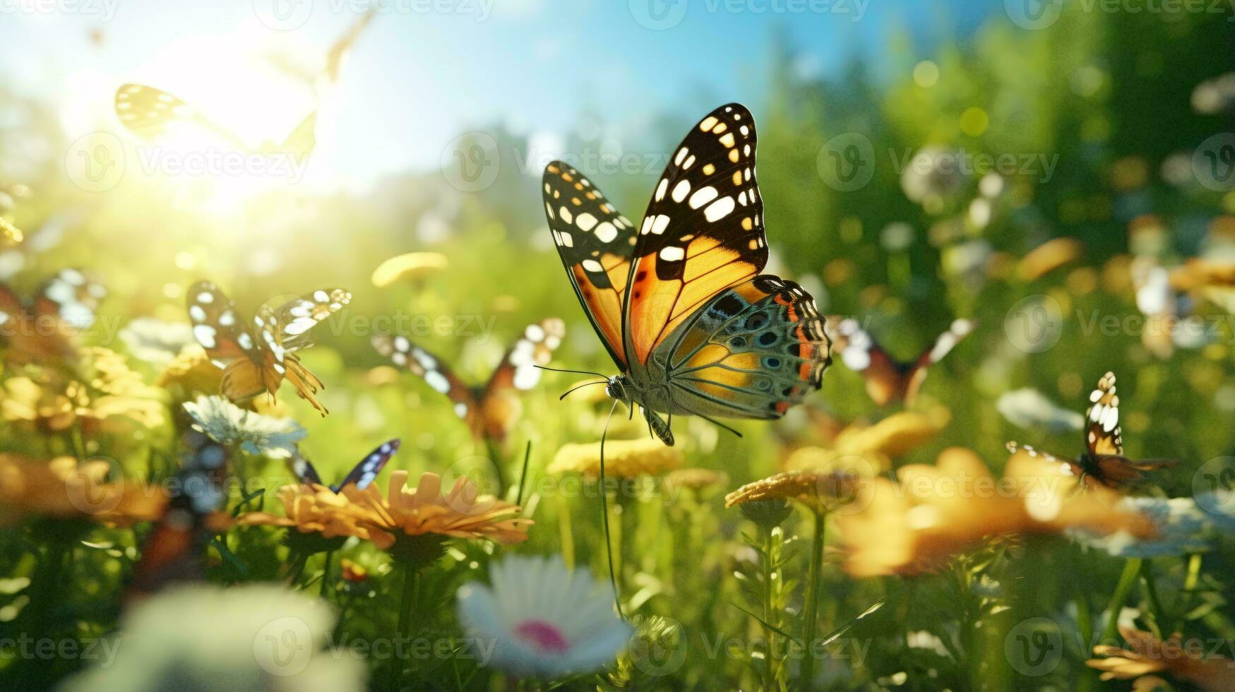 A butterfly gracefully soaring above a vibrant field of blooming flowers AI Generated photo