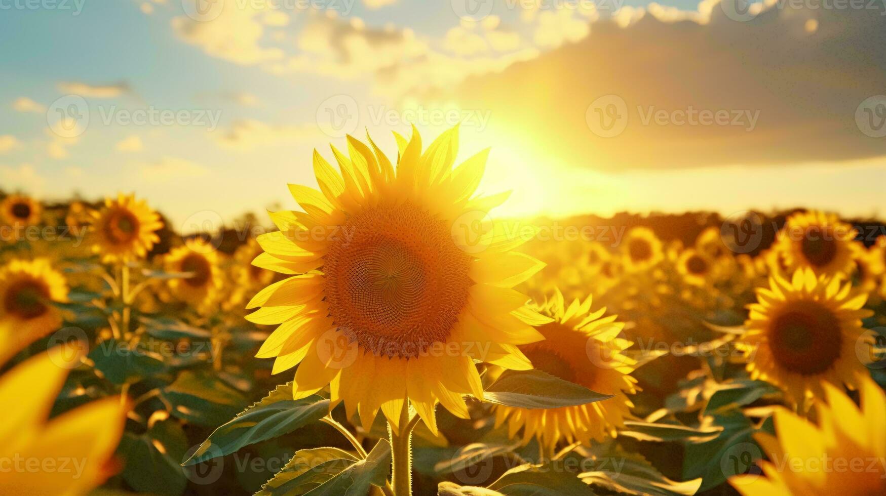 un hermosa girasol campo a puesta de sol ai generado foto