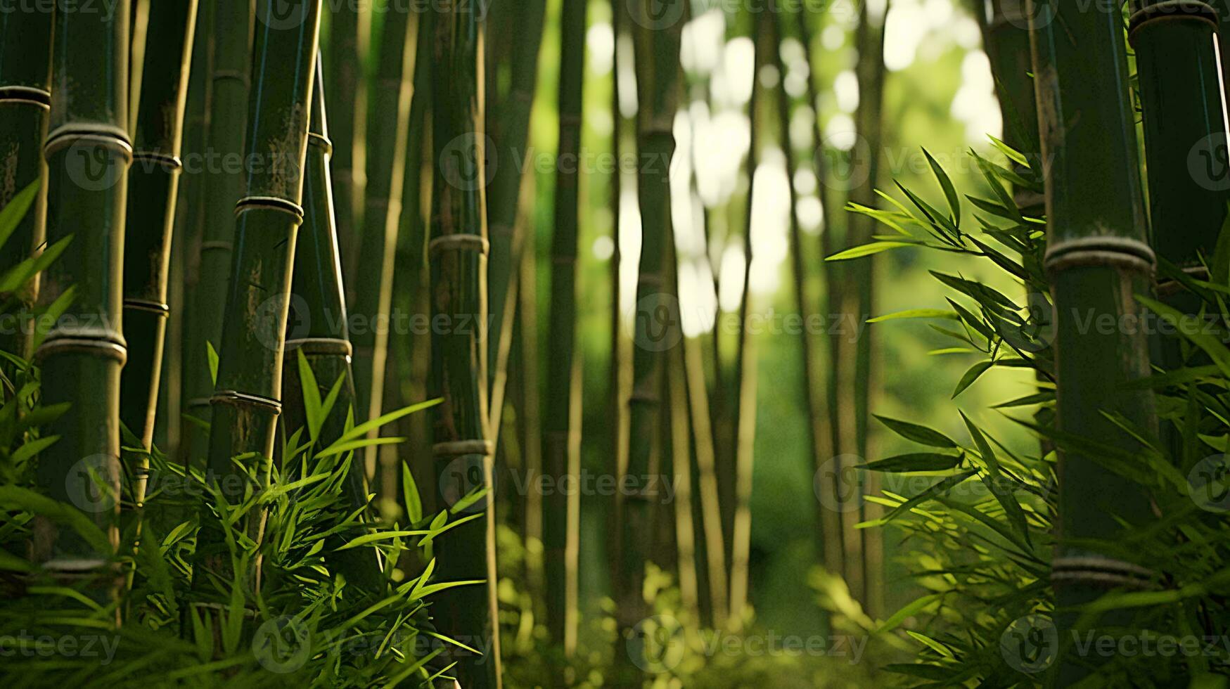 A serene bamboo forest filled with lush green plants AI Generated photo