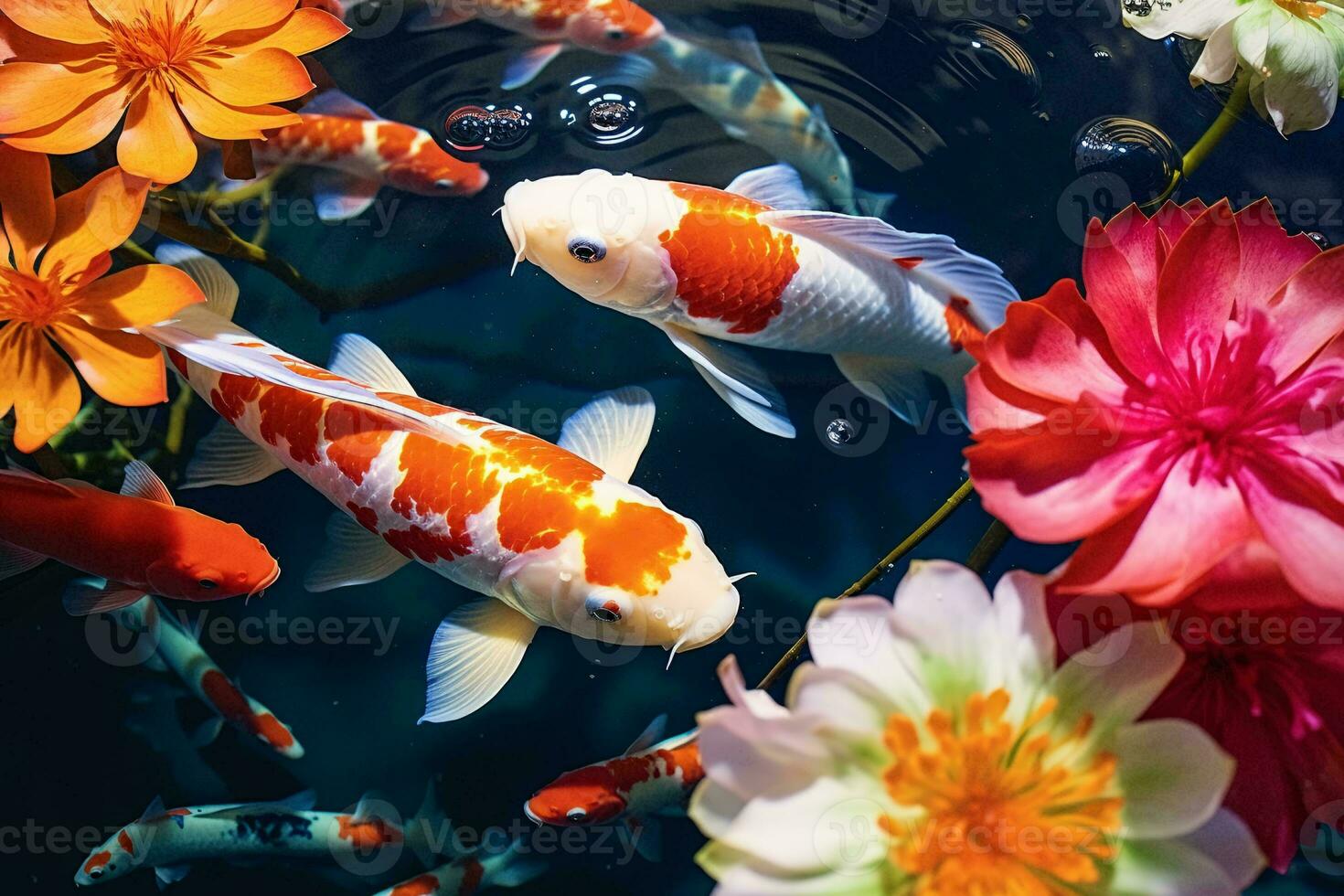 A vibrant group of koi fish swimming gracefully in a serene pond AI Generated photo
