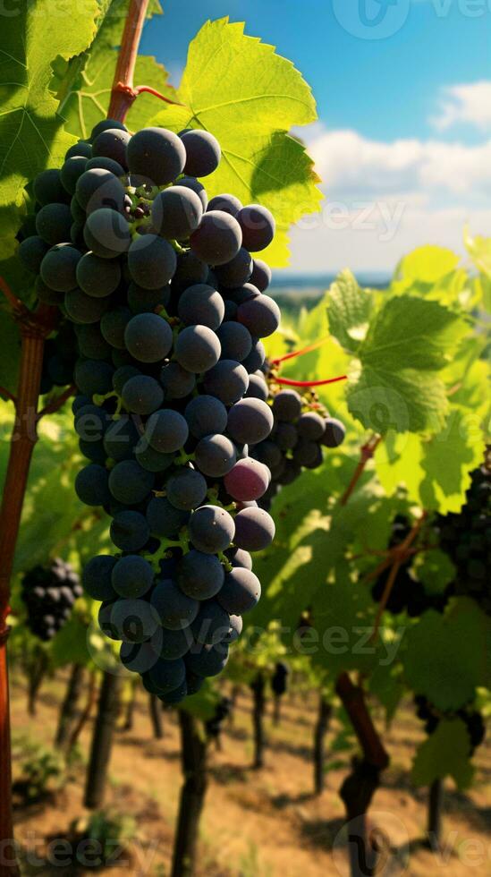 A cluster of ripe grapes hanging from a vine in a vineyard AI Generated photo