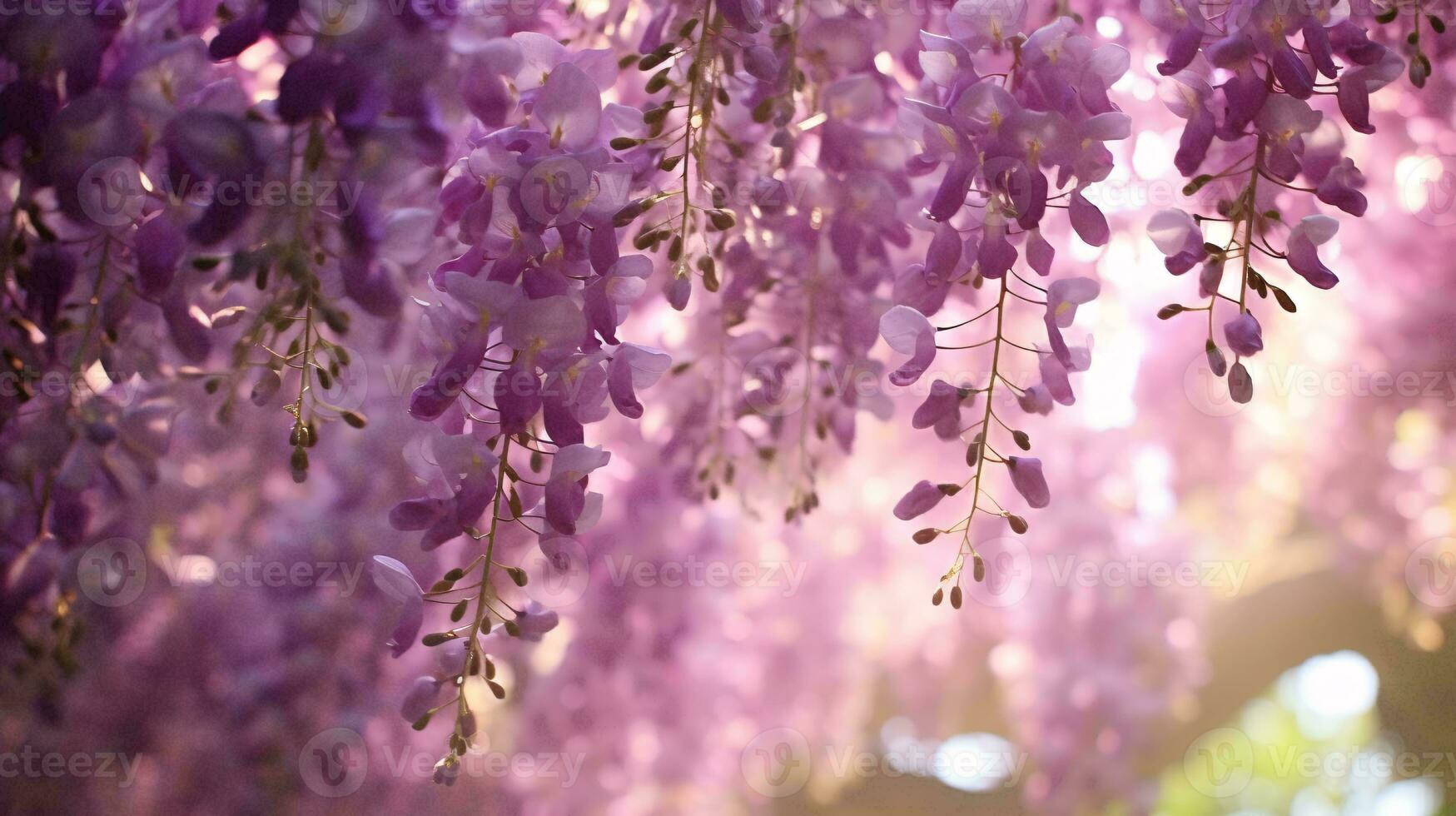 A vibrant display of purple flowers hanging from a tree AI Generated photo